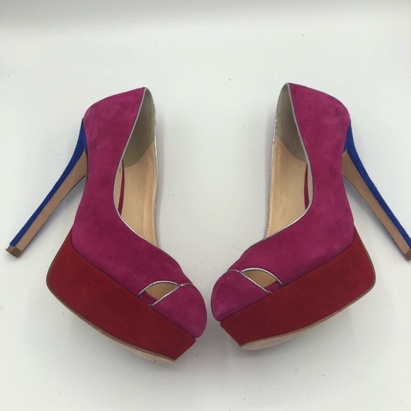 Footcandy Shoes - Footcandy pink blue red color block suede heels